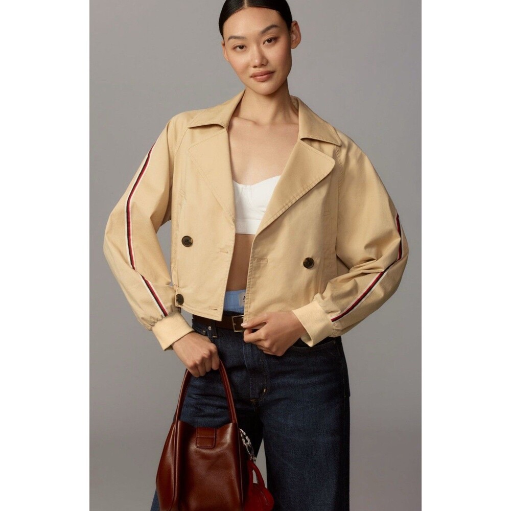 Anthropologie Maeve Cropped Trench Coat Khaki Double Breasted Preppy Size XL NWT - Picture 10 of 14